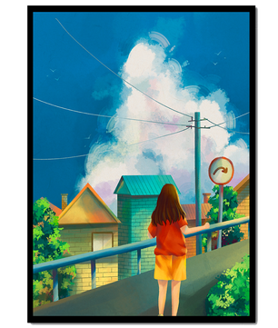 Chica parada en un puente mirando una calle suburbana con nubes vibrantes y cielo azul