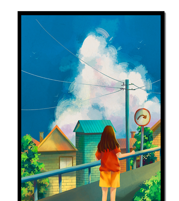Girl standing on a bridge overlooking a suburban street with vibrant clouds and blue sky