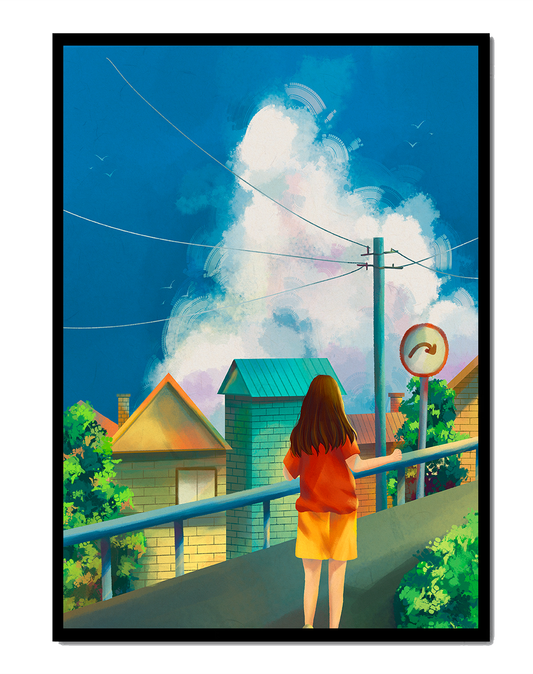 Girl standing on a bridge overlooking a suburban street with vibrant clouds and blue sky