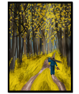 Man Walking Through a Sunny Forest with Golden Leaves