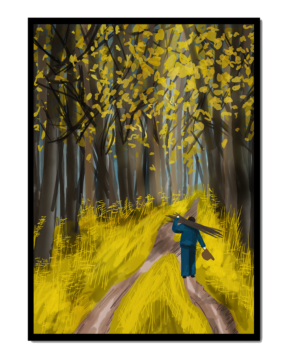 Man Walking Through a Sunny Forest with Golden Leaves