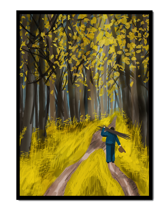 Man Walking Through a Sunny Forest with Golden Leaves