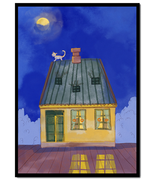 Charmantes nächtliches Haus mit einer Katze auf dem Dach unter dem Mond 