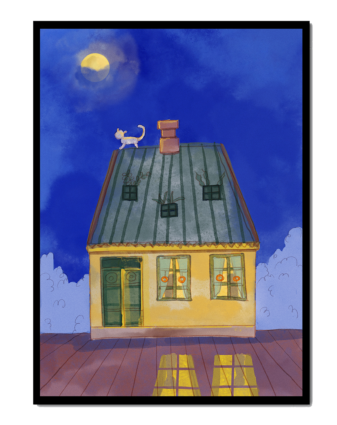 Charming Nighttime House with a Cat on the Roof Under the Moon