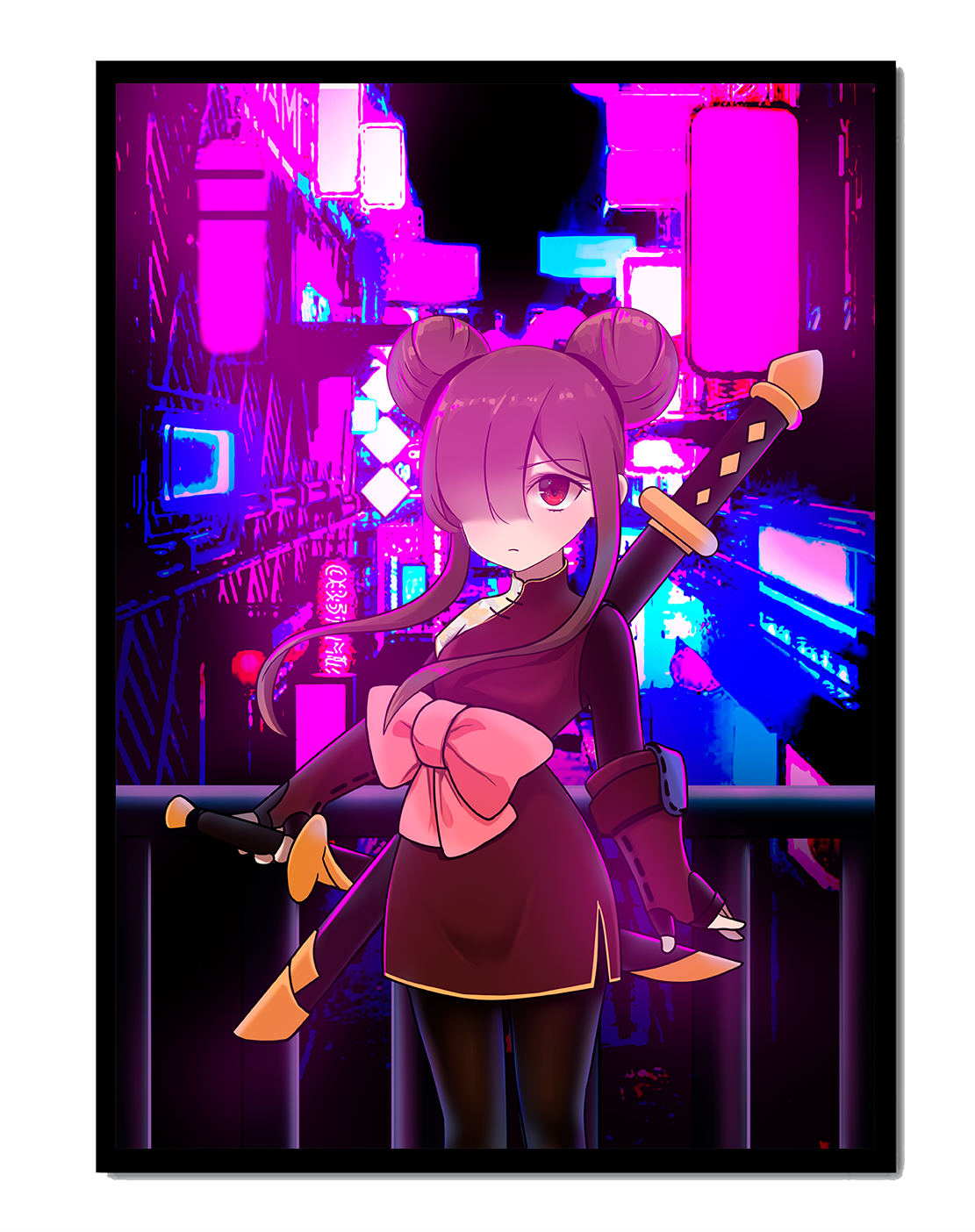 Anime Character with Swords and Neon Cityscape Background