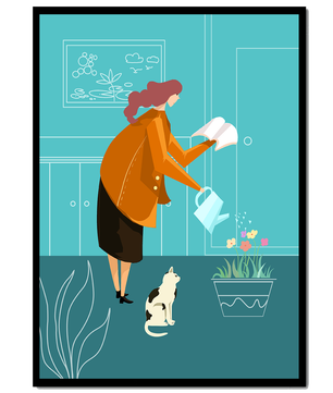 Mujer regando flores con un gato en un interior moderno