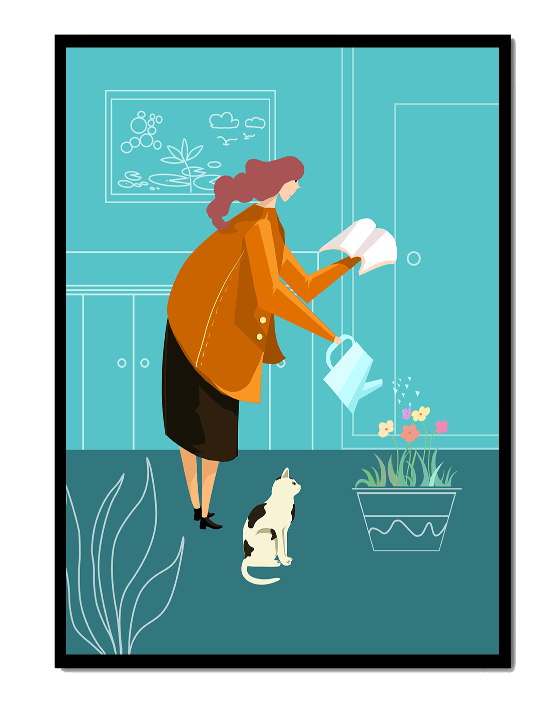 Mujer regando flores con un gato en un interior moderno