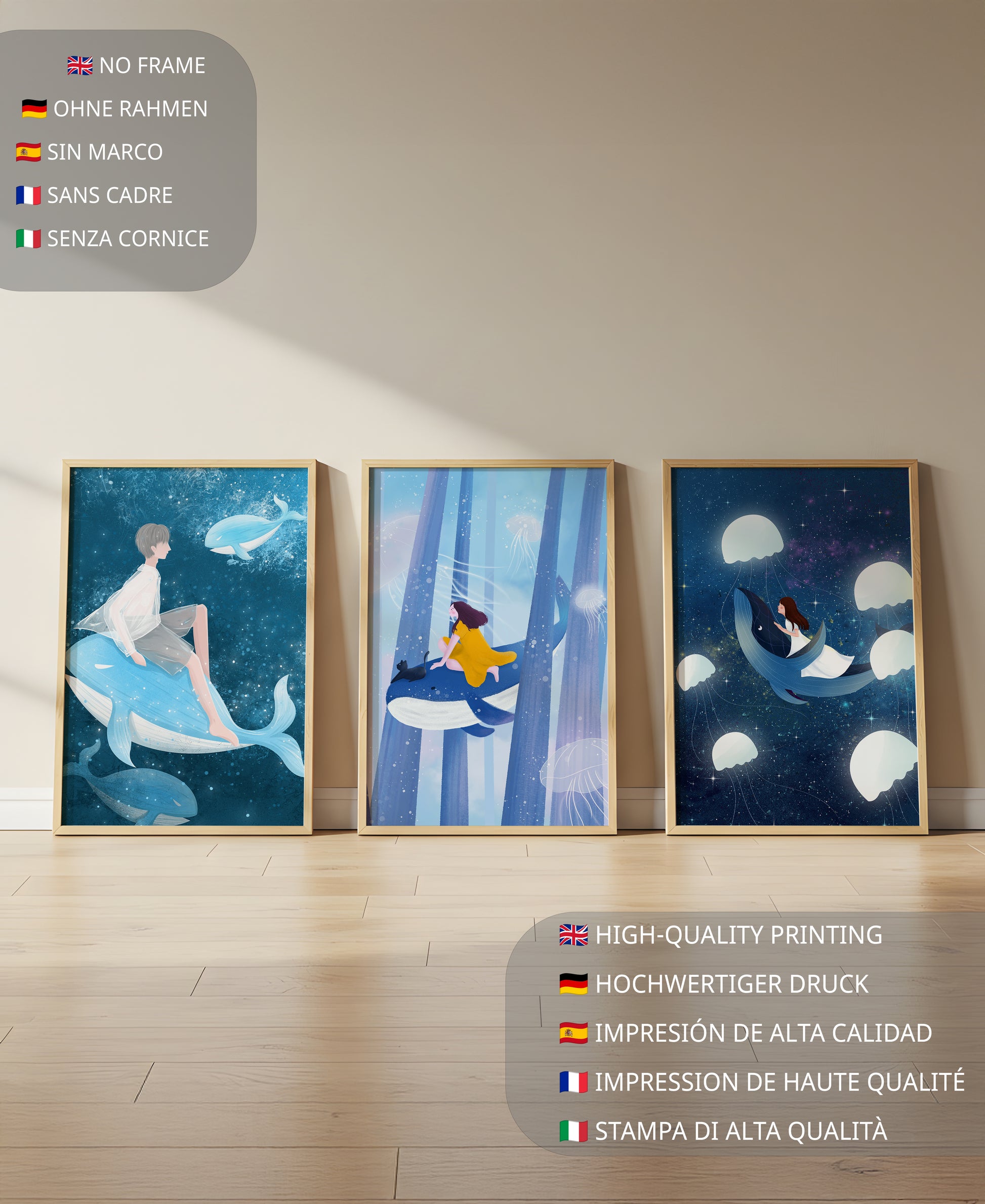 Ensemble d'illustrations de baleines volantes et de figures humaines dans un environnement cosmique