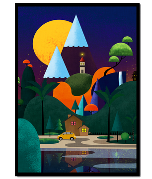 Paisaje moderno colorido con elementos geométricos y una casa junto al lago bajo el cielo nocturno