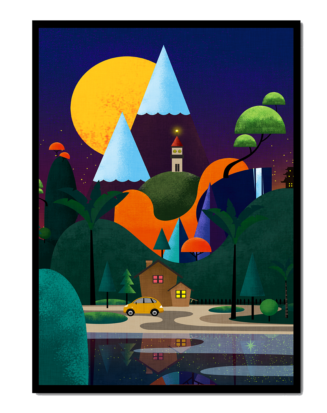 Colorful Modern Landscape with Geometric Elements and A House by The Lake Under The Night Sky