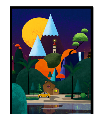 Colorful Modern Landscape with Geometric Elements and A House by The Lake Under The Night Sky