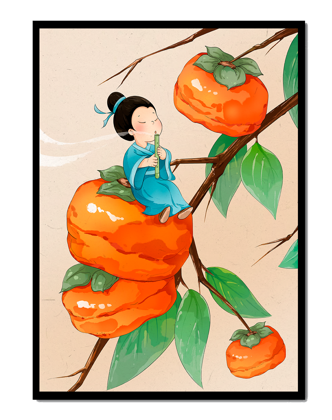 Child playing flute on persimmon-filled tree in whimsical illustration