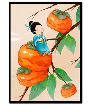 Child playing flute on persimmon-filled tree in whimsical illustration