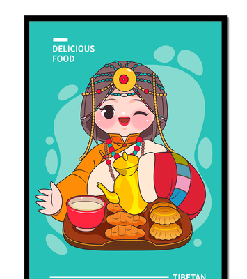 Charming Tibetan character with traditional food illustration