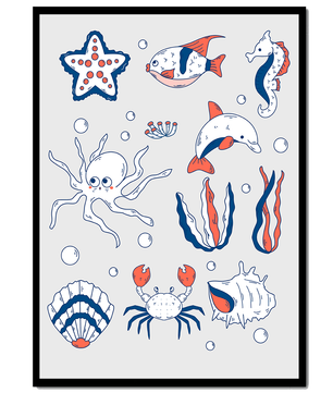 Colorful marine life illustration featuring sea creatures on a dark background