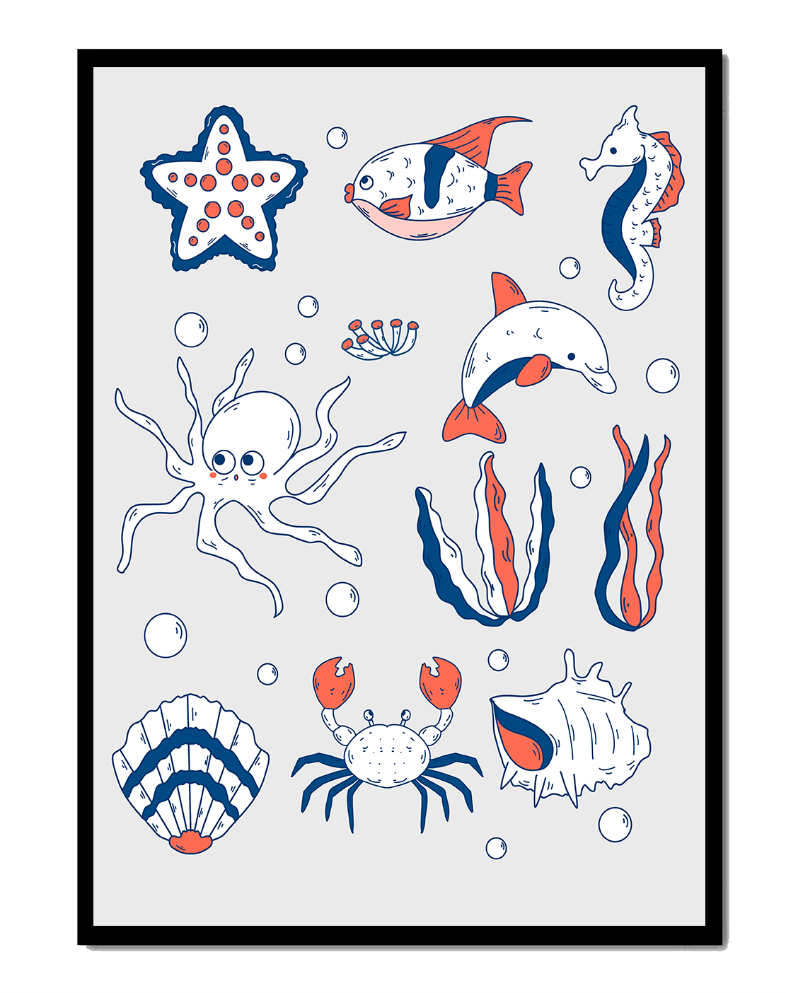 Colorful marine life illustration featuring sea creatures on a dark background