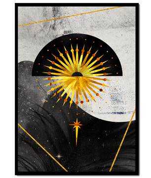 Abstract cosmic design featuring golden sunburst and celestial elements