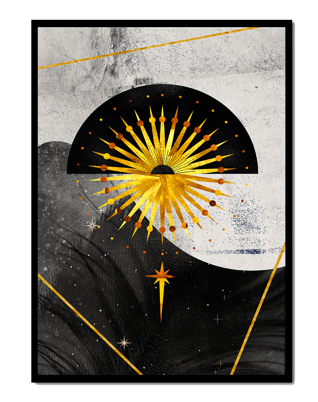 Abstract cosmic design featuring golden sunburst and celestial elements
