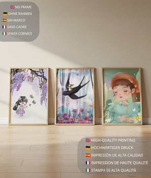 Décoration pour enfants : ensemble d'illustrations de filles et de nature