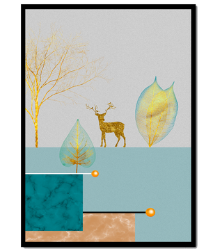 Abstrakte Komposition mit goldenem Hirsch und Blättern auf strukturiertem Hintergrund
