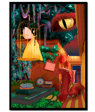 Jardín encantado con hada, serpiente y elementos misteriosos