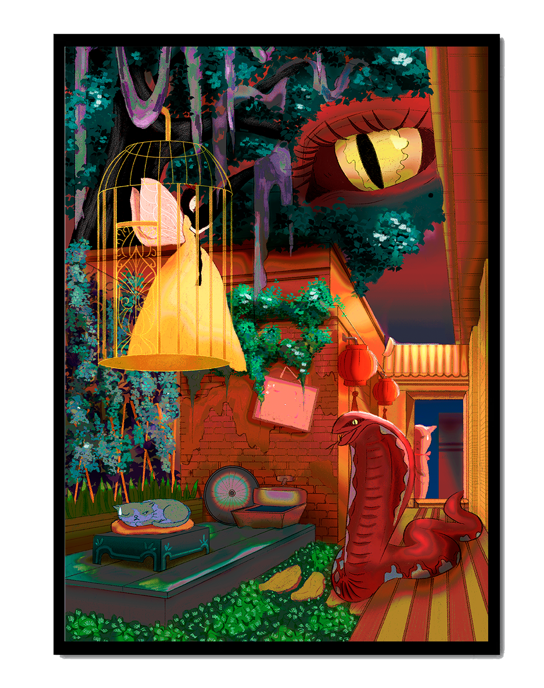 Enchanted garden with fairy, snake, and mysterious elements