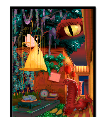 Enchanted garden with fairy, snake, and mysterious elements