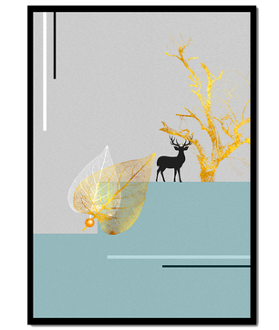 Abstract Deer with Golden Elements and Leaves on Minimalist Background