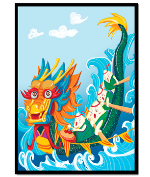 Ilustración vibrante de un dragón en un bote con remeros animados