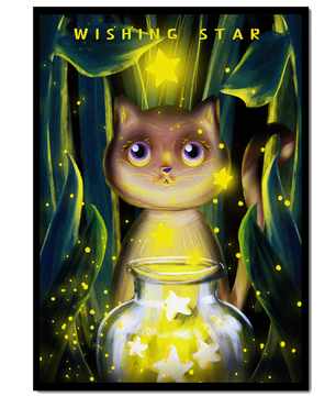 Cat under starry night in a magical forest setting