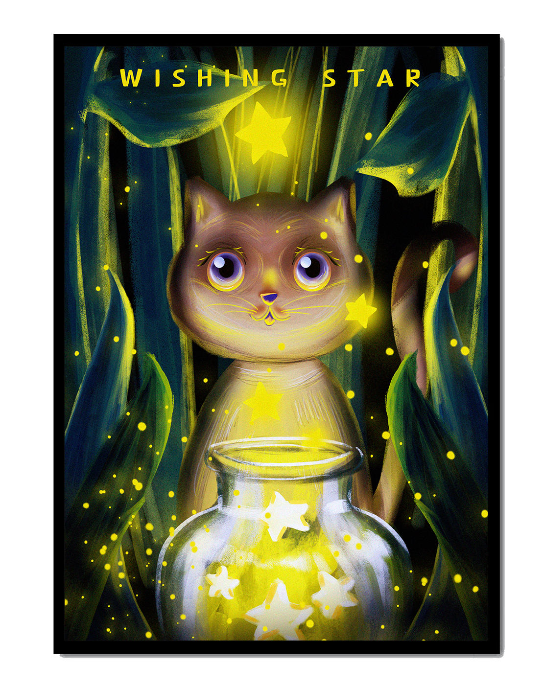 Cat under starry night in a magical forest setting