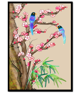 Illustration sereine d’oiseaux sur des branches en fleurs avec des feuilles de bambou