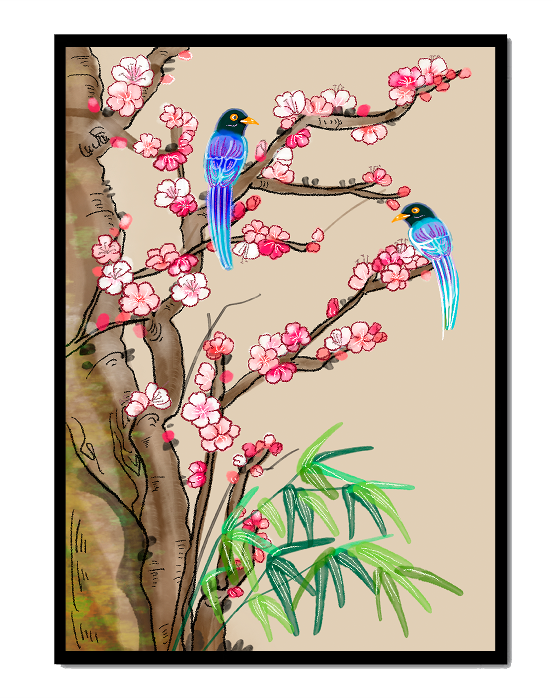 Illustration sereine d’oiseaux sur des branches en fleurs avec des feuilles de bambou