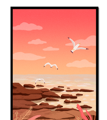 Seagulls flying over rocky coastline at sunset