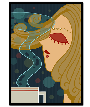 Stylized portrait of a woman with flowing hair and steaming coffee