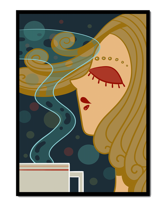 Stylized portrait of a woman with flowing hair and steaming coffee