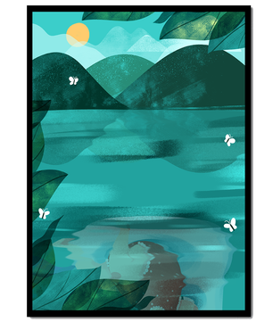 Tranquil Mountain Lake with Butterflies at Sunrise