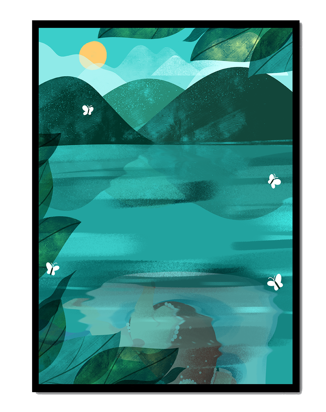 Tranquil Mountain Lake with Butterflies at Sunrise