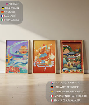 Piezas de Arte Cultural con Elementos Asiáticos y Motivos Tradicionales