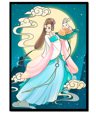 Traditional Asian-inspired artwork featuring a woman and rabbit under a moonlit sky