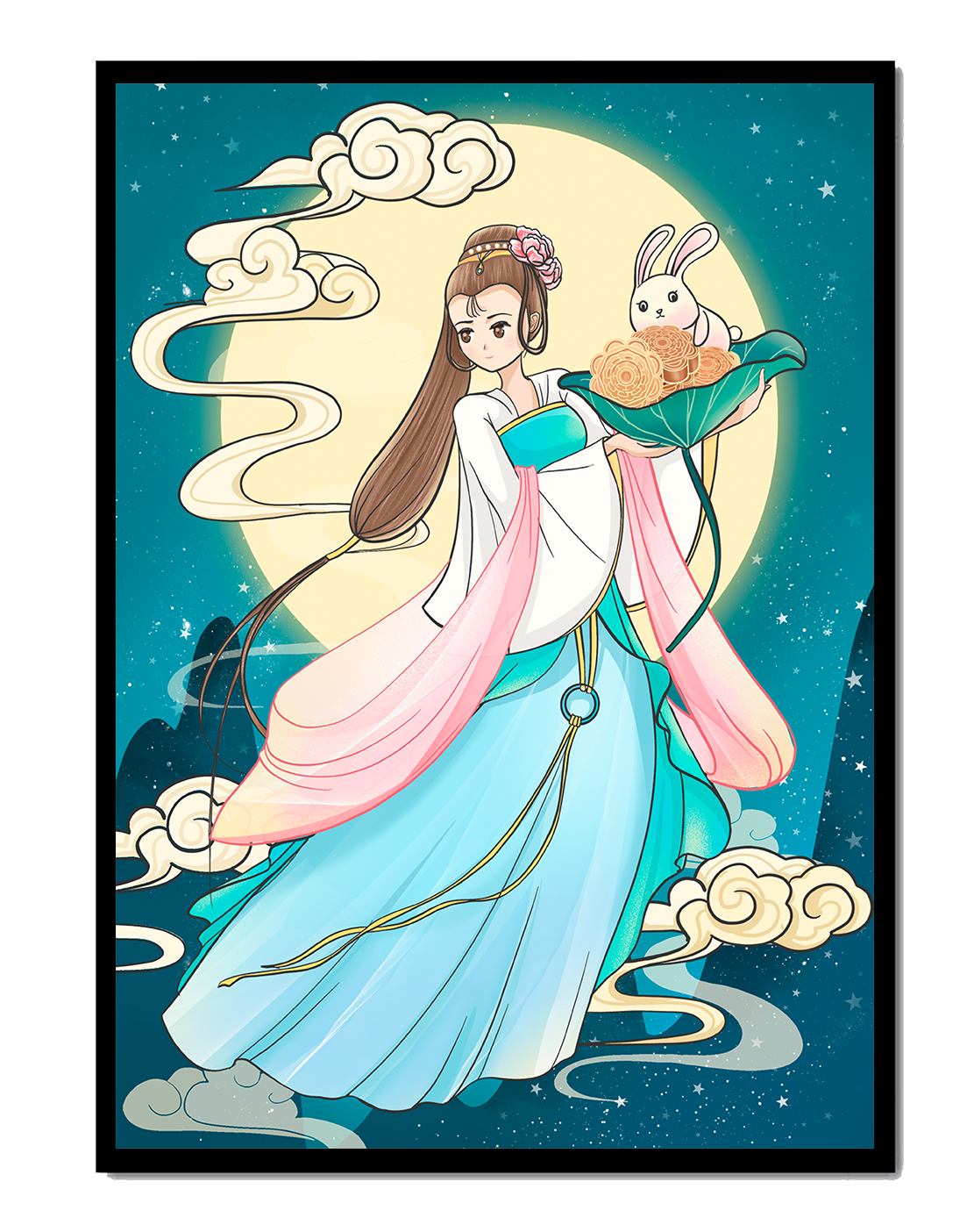 Traditional Asian-inspired artwork featuring a woman and rabbit under a moonlit sky