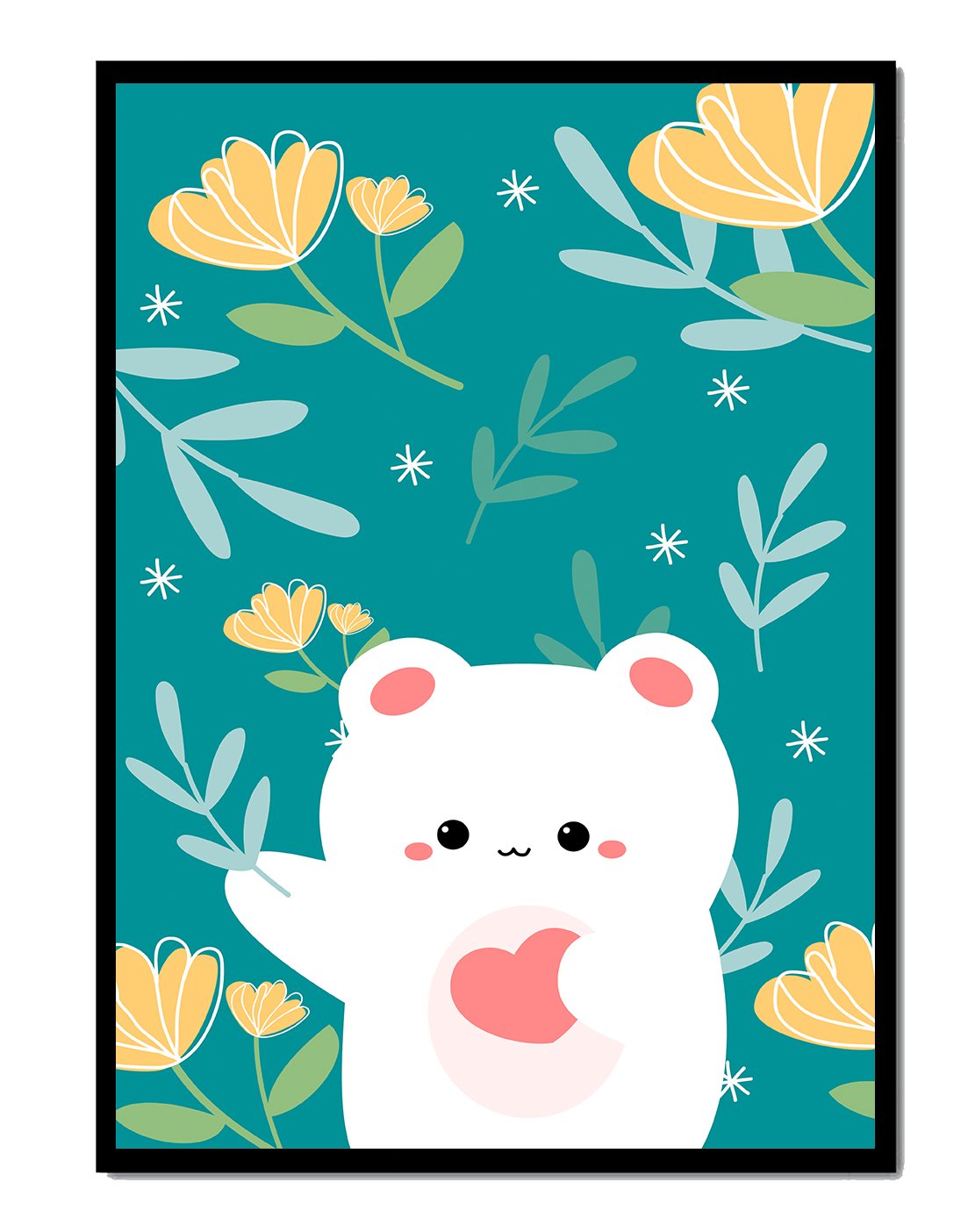 Adorable bear with heart surrounded by whimsical floral elements