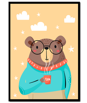 Ilustración de un oso acogedor disfrutando del té con gafas