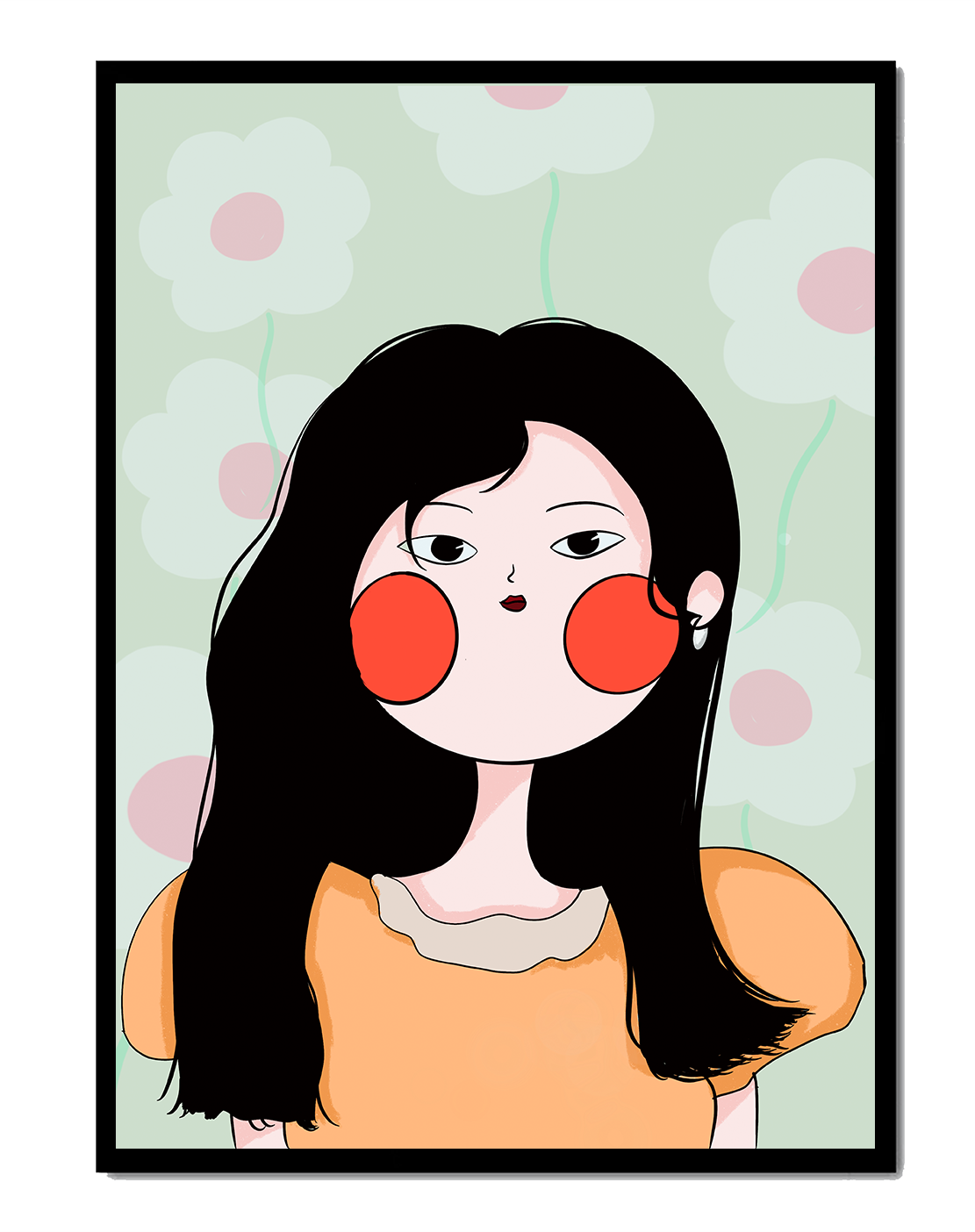 Charming illustration of a young woman with floral background