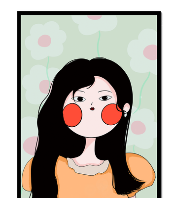 Charming illustration of a young woman with floral background