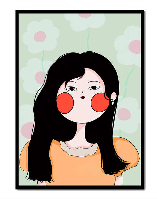 Charming illustration of a young woman with floral background