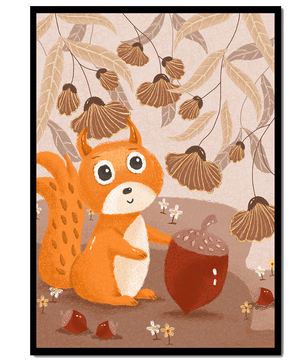 Orange Squirrel with Acorn in Autumn Forest