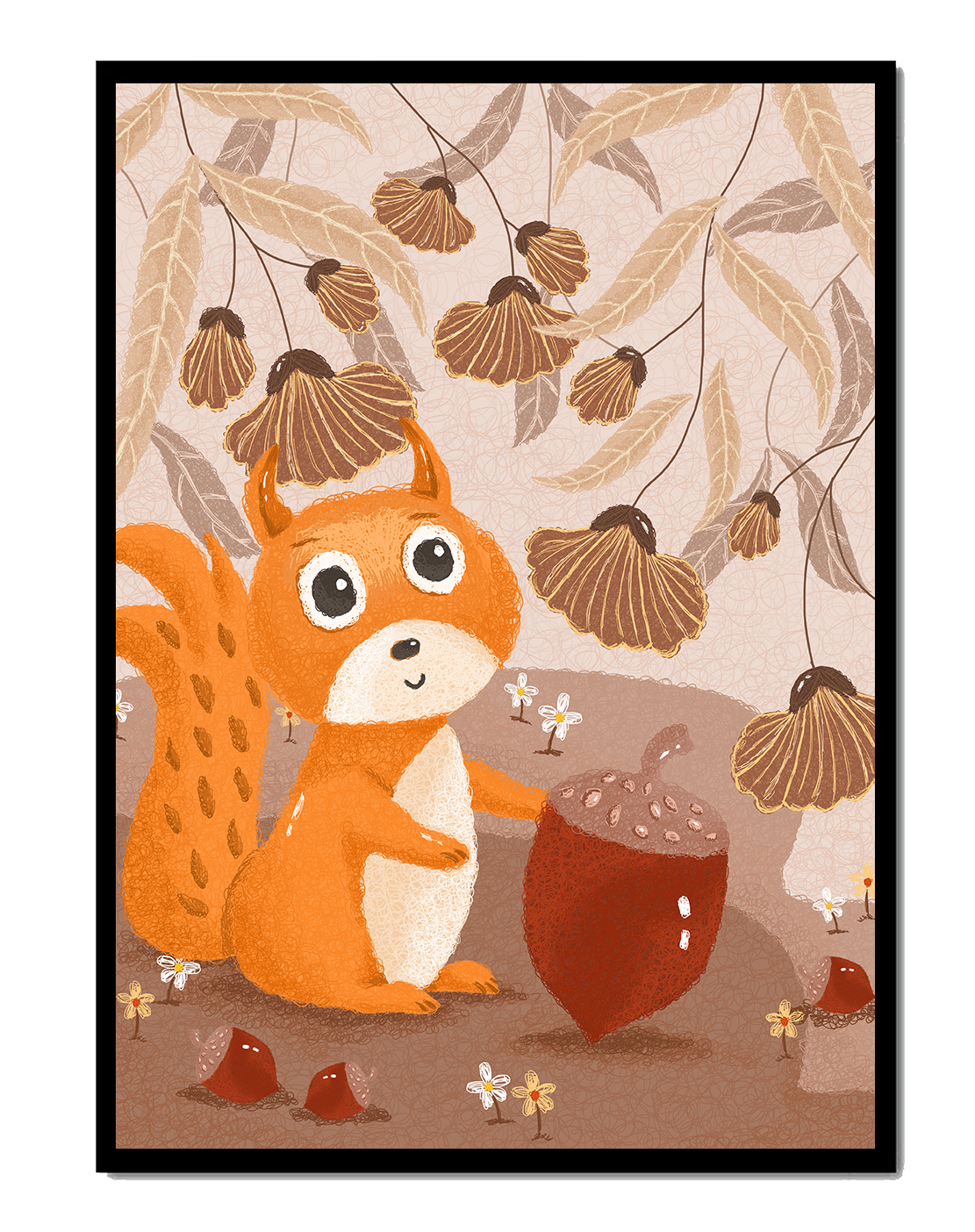 Orange Squirrel with Acorn in Autumn Forest