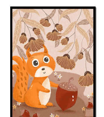 Orange Squirrel with Acorn in Autumn Forest