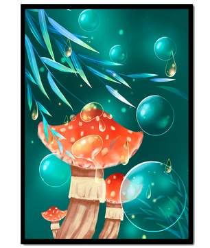 Whimsical forest scene with mushrooms and glowing bubbles